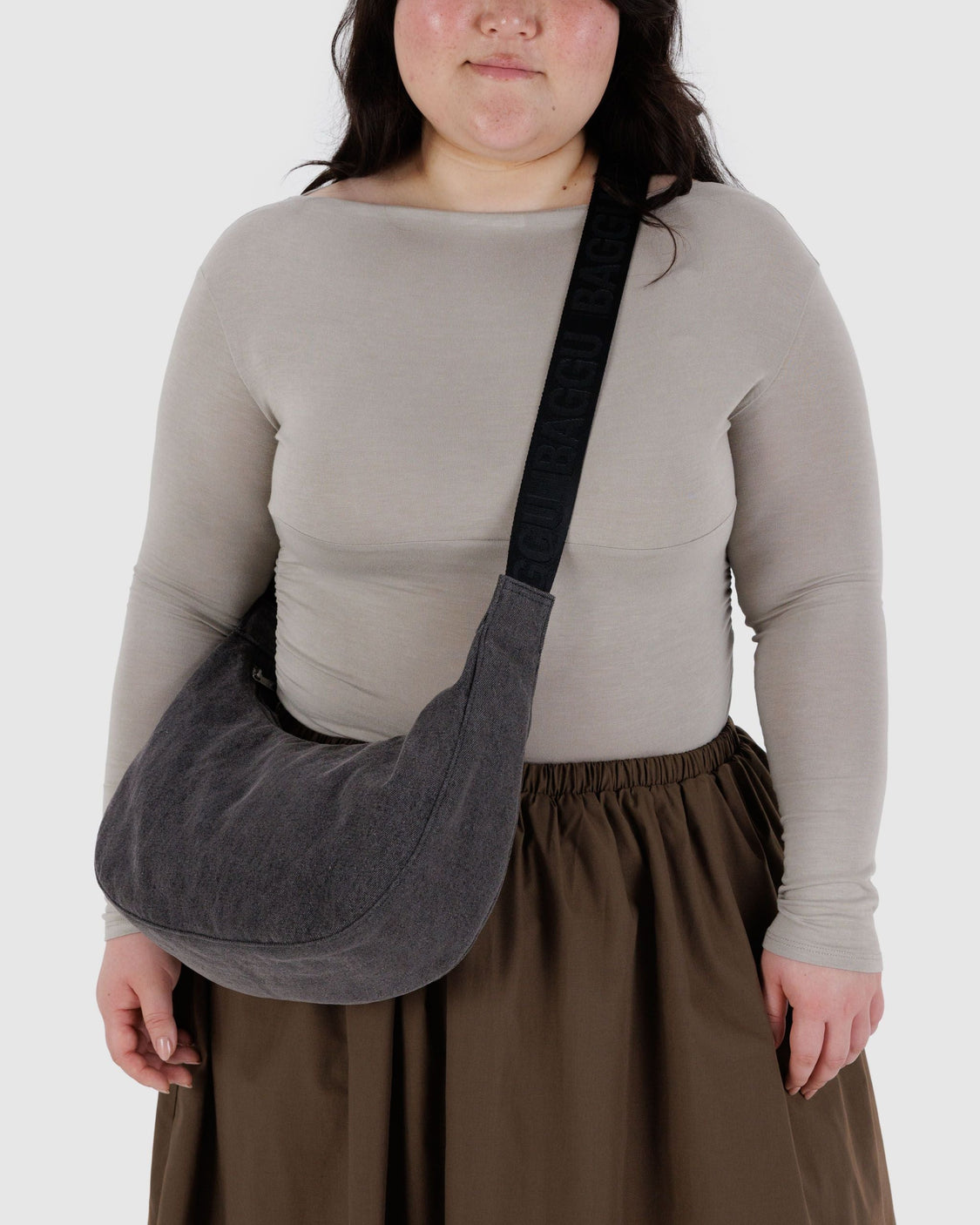 Medium Denim Crescent Bag - Washed Black Denim - Travel Street Tote